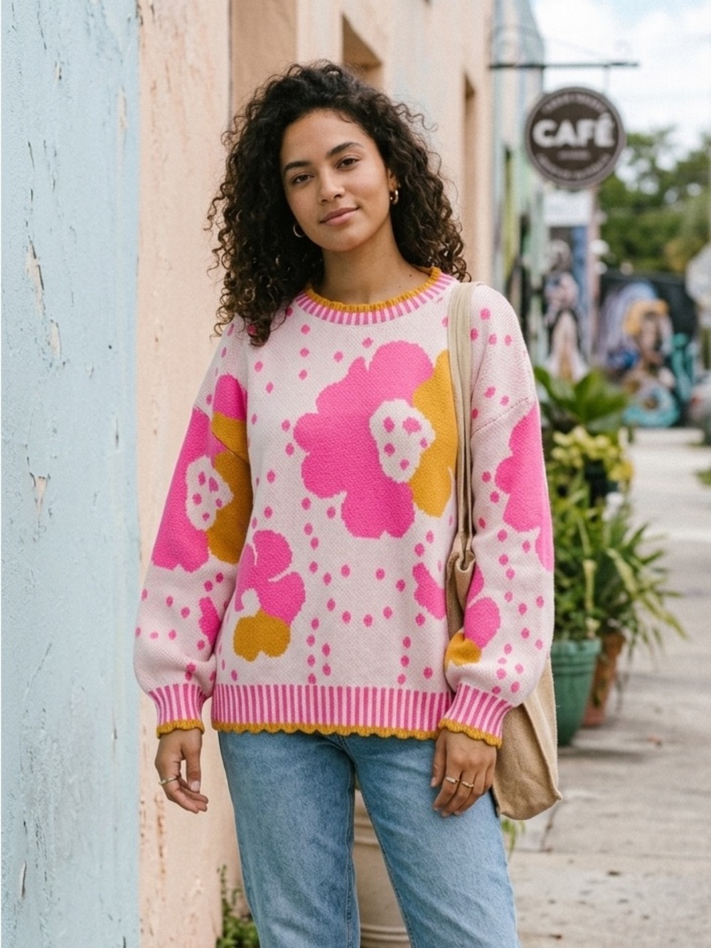 BiBi Pink Crewneck Sweater with Hot Pink & Mustard Floral Motif